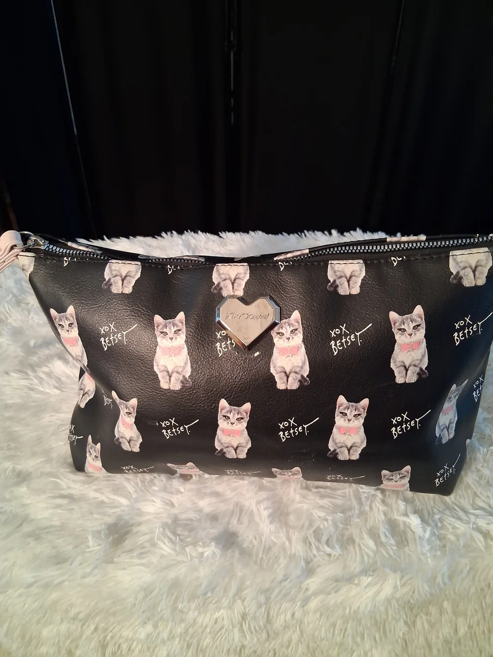 Betsey Johnson Black Cosmetic Pouch with Gray & Pink Kitten Print